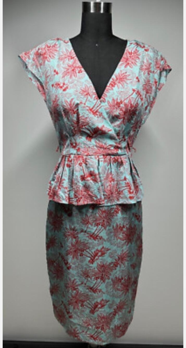 Nanette Lepore Silk Peplum Sheath Dress Tropical Palm Tree Mint Green Red 6